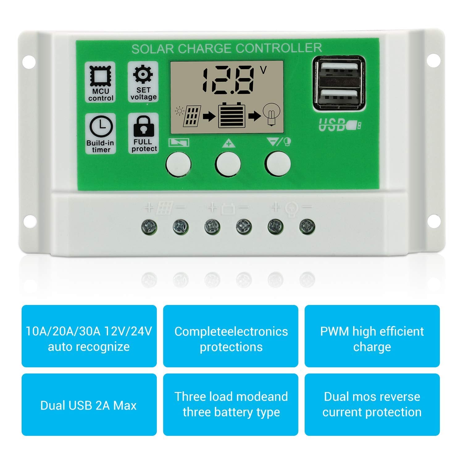 Verilux 10A Solar Charge Controller 12V / 24V, Solar Regulator Lithium Battery/Lead Acid with Dual USB LCD Display, Adjustable parameters Backlit LCD Display and Timing Settings Verilux 10A Solar Charge Controller 12V / 24V, Solar Regulator Lithium Battery/Lead Acid with Dual USB LCD Display, Adjustable parameters Backlit LCD Display and Timing Settings